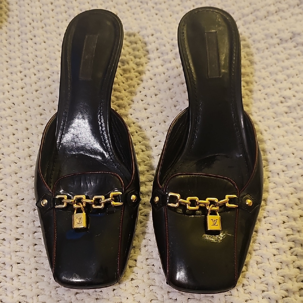 Louis Vuitton Black Mules with Gold Chain Detail